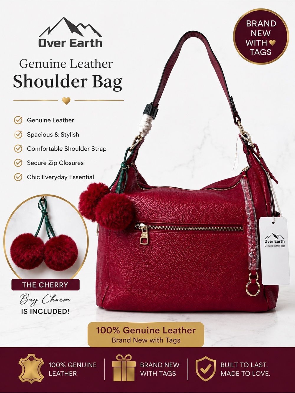 Over Earth Burgundy Genuine Leather Shoulder Bag with charm NWT